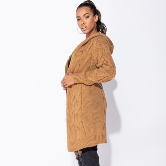 Brown Cable Knit Long Sleeve Open Front Hoodie Hooded Midi Cardigan Sweater - Picture 6 of 8
